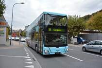 FL-39882 fährt am 08.10.2015 auf der Linie 11 nach Sargans (Schweiz). Aufgenommen wurde ein MAN Lion's City DD / Vaduz Aeulestrasse.
