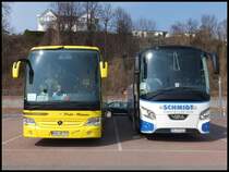 Mercedes Travego von Pohl-Reisen aus Deutschland und VDL Futura von Schmidt aus Deutschland im Stadthafen Sassnitz am 30.03.2014