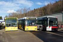 Drei ehemalige schweizer Busse in Schwarzenberg: Mercedes-Benz Citaro (in der Lackierung der BLT Baselland Transport AG), Mercedes-Benz O 405 N (in der Lackierung der PostAuto Schweiz AG) sowie Mercedes-Benz Citaro Ü (in der Lackierung der Freiburgischen Verkehrsbetriebe Holding (TPF) AG / Fribourg) der Firma Reisedienst Gerhart Kaiser GmbH aus Zwickau (im Auftrag der RVE - Regionalverkehr Erzgebirge GmbH). Aufgenommen im Dezember 2015 im Stadtgebiet von Schwarzenberg / Erzgebirge.
