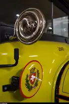 Detailansicht des Posthorns des auf dem vorherigen Bild zu sehenden Berna Alpenwagens. Aufgenommen am 13. September 2015 im Depot des Museums für Kommunikation (ehemals PTT-Museum) bei Schwarzenburg.