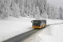 Der Mercedes-Benz O 530 LE Ü Nr. 30 von Postautohalter Bucheli am 4. Februar 2012 bei arktischen Verhältnissen in der Nähe der Haltestelle Schwarzenberg, Holderchäppeli.