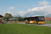 Der Mercedes-Benz O 530 Nr. 30 von Therpa aus Stans und Mercedes-Benz O 530 G Nr. 7 von PU Häfliger aus Sursee transportieren am 1. August 2014 Fahrgäste an das Rollout der Pilatus PC 24, während der MB Sprinter Nr. 21 von Therpa auf dem Weg ins Depot ist.