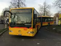 BLT Oberwil, Mercedes-Benz Citaro G (Nr. 52/BL 161359, 2001, ex. TPL Lugano Nr. 24) am Di 10. November 2015 bei der Haltestelle Basel, Bachgraben. Dieses Foto entstand an einem seiner letzten Einsatztage, noch im November wurden er und sein baugleiches Schwesterfahrzeug durch neue C2-Gelenker ersetzt. Bemerkenswert war sein niedriger Km-Stand (nur ca. 575'000)  bei der Ausmusterung trotz seines Alters von 14 Jahren. 