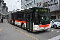 Am 14.10.2015 fährt dieser MAN Lion's City G mit dem Kennzeichen SG-198277 auf der Linie 3. Aufgenommen in der Innenstadt von St. Gallen.