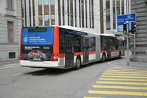 Am 14.10.2015 fährt dieser MAN Lion's City G mit dem Kennzeichen SG-198277 auf der Linie 3. Aufgenommen in der Innenstadt von St. Gallen.