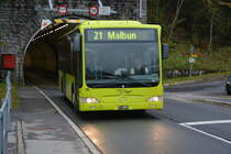 Am 16.10.2015 fährt dieser Mercedes Benz Citaro Facelift mit dem Kennzeichen FL-39819 auf der Linie 21. Aufgenommen bei der Ortseinfahrt Steg.
