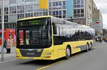 MAN Lions City 158, auf der Linie 6 verlässt die Haltestelle beim Bahnhof Thun. Die Aufnahme stammt vom 30.03.2016.