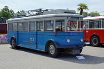 VBL: Zum Jubiläumsfest 75 Jahre Trolleybus in Luzern vom 20. bis 22. Mai 2016, verkehrte erstmals der frisch renovierte ehemalige  Päcklibus  auf dem Liniennetz der VBL. Der TL Trolleybus 2 zusammen mit den  Gasttrolleybussen  aus andern Kantonen im Verkehrshaus Luzern ausgestellt am 21. Mai 2016.
Foto: Walter Ruetsch