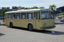 VBL: Zum Jubiläumsfest 75 Jahre Trolleybus in Luzern vom 20. bis 22. Mai 2016, verkehrte erstmals der frisch renovierte ehemalige  Päcklibus  auf dem Liniennetz der VBL. Der TN Trolleybus 6 (ehemals VBZ) aus der Sammlung Rétro Bus zusammen mit den  Gasttrolleybussen  aus andern Kantonen im Verkehrshaus Luzern ausgestellt am 21. Mai 2016.
Foto: Walter Ruetsch