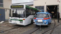 Mercedes-Benz O405, Barkas B1000 am 10.04.2016 im Straßenbahnmuseum Trachenberge