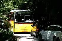 Auf der schmalen Straße zur Derborence gab es heute auf dem Mittagskurs ein ziemliches Chaos. Die Verspätung am Bahnhof Sion: 20 Minuten durch rücksichtslose Verkehrsteilnehmer! Ein Volvo 8700 Postauto auf der Linie 12.332 Deborence - Aven - Sion; 06.08.2016