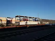 Mannheim Rangierbahnhof, 15.10.2017 - lackierte Karossen neuer Daimler-Stadtbusse auf dem Weg von Neu-Ulm nach Mannheim-Industriehafen. 

Hinweis an den Seitenbetreiber: Als Lokomotivführer habe ich diese Bilder heute auf dem Weg vom Dienst zur Meldestelle machen können, der Aufenthalt im Gleisbereich war also zulässig. Leider sieht man meinen Schatten aufgrund der tiefstehenden Sonne. 

Welche Unternehmen diese Busse mal einsetzen werden kann ich leider nicht beisteuern. 

Es waren 3 Solowagen der 12m-Klasse und 3 Vor- sowie 3 Endwagen von Gelenkbussen verladen. Die Züge der Gegenrichtung mit den unlackierten Rohkarossen sind stärker ausgelastet, die Karossen der Reise- und Überlandbusse verbleiben nach dem Lackieren in Neu-Ulm und werden dort montiert. Nur die Stadtbuskarossen werden nach dem Lackieren wieder nach Mannheim zurück transportiert und dort kompletiert. 