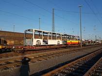 Mannheim Rangierbahnhof, 15.10.2017 - lackierte Karossen neuer Daimler-Stadtbusse auf dem Weg von Neu-Ulm nach Mannheim-Industriehafen. 

Hinweis an den Seitenbetreiber: Als Lokomotivführer habe ich diese Bilder heute auf dem Weg vom Dienst zur Meldestelle machen können, der Aufenthalt im Gleisbereich war also zulässig. Leider sieht man meinen Schatten aufgrund der tiefstehenden Sonne. 

Welche Unternehmen diese Busse mal einsetzen werden kann ich leider nicht beisteuern. 

Es waren 3 Solowagen der 12m-Klasse und 3 Vor- sowie 3 Endwagen von Gelenkbussen verladen. Die Züge der Gegenrichtung mit den unlackierten Rohkarossen sind stärker ausgelastet, die Karossen der Reise- und Überlandbusse verbleiben nach dem Lackieren in Neu-Ulm und werden dort montiert. Nur die Stadtbuskarossen werden nach dem Lackieren wieder nach Mannheim zurück transportiert und dort kompletiert. 