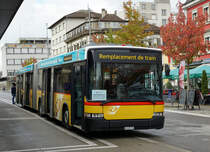 PTT/SBB: Wegen der Streckensperrung Laufen - Delémont infolge Bauarbeiten wurden  vom 29. September bis 27. Oktober 2017 Postautos als Bahnersatzbusse eingesetzt.
Delémont 9. Oktober 2017.
Foto: Walter Ruetsch  