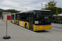 PTT/SBB: Wegen der Streckensperrung Laufen - Delémont infolge Bauarbeiten wurden  vom 29. September bis 27. Oktober 2017 Postautos als Bahnersatzbusse eingesetzt.
Laufen 4. Oktober 2017.
Foto: Walter Ruetsch  