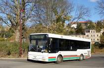 Bus Aue / Stadtbus Aue / Bus Erzgebirge: MAN / Göppel NM 223 Midibus der TJS Reisedienst GmbH (Lackierung: Regiobus Mittelsachsen GmbH), aufgenommen im Oktober 2017 am Bahnhof von Aue (Sachsen).