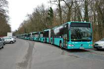 Autobus Sippel Mercedes Benz Citaro 1 Facelift G Schlange am 13.01.18 in Frankfurt am Main Oberforsthaus. Die Busse werden dort für den Stadionverkehr zwischen geparkt bis die 2. Halbzeit beginnt des Bundesliga Spiels in der Commerzbank Arena