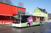 Bus Schwarzenberg / Bus Erzgebirge: MAN Lion's City Ü der RVE (Regionalverkehr Erzgebirge GmbH), aufgenommen im Februar 2018 im Stadtgebiet von Schwarzenberg / Erzgebirge. 