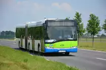 Am 04.06.2016 fährt P-AV 195 für die ILA auf der Shuttle-Linie P3 zwischen ILA Gelände und Parkplatz P3. Aufgenommen wurde ein Solaris Urbino 18 der BVSG (Betriebshof Potsdam).

