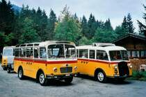 Schmid, Th�rishaus BE 26'105 Saurer/R&J + BE 26'760 Saurer, Gangloff (ex Geiger, Adelboden Nr. 9 + 3) am 27. September 2008 Kiental, Loosplattenalp (Postautofahrt Griesalp-Bundalp)