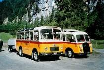 Schmid, Th�rishaus BE 26'105 Saurer/R&J + BE 26'760 Saurer/Gangloff (ex Geiger, Adelboden Nr. 9 + 3) am 27. September 2008 Kiental, Tschingel (diese beiden Fahrzeuge traten kurz darauf die Fahrt nach Griesalp-Bundalp an)