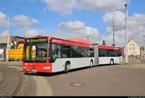 Mercedes-Benz O530 Citaro G Facelift CNG, Wagen 325 (HAL-R-831), der Halleschen Verkehrs-AG (HAVAG) steht zum Tag der offenen Tore im HAVAG-Betriebshof Freiimfelder Straße und startet gleich in Richtung ERGDAS Sportpark anlässlich eines Fußballspiels des Halleschen FC.
[1.9.2018 | 11:40 Uhr]