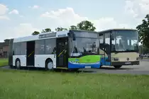 Hier macht P-AV 195 (Solaris Urbino 18 der BVSG) und LDS-VG 304 (MB Integro der RVS) zusammen Pause. Aufgenommen am 04.06.2016.