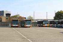 RNV Mercedes Benz Citaro 1 Facelift Wagen 6281, Mercedes Benz Citaro 1 Wagen 6249 und Solaris Urbino 8,6 6286 am 20.10.18 beim Tag der offenen Tür in Mannheim