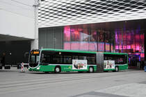 Mercedes Citaro 7023 im Einsatz als Tramersatz auf der Linie 6, wendet am Messeplatz. Die Busse ersetzen das Tram, weil die Geleise beim badischen Bahnhof ersetzt werden und die Haltestelle behindertengerecht umgebaut werden. Die Aufnahme stammt vom 19.10.2018.