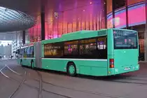 MAN Bus 760 im Einsatz als Tramersatz auf der Linie 6, bedient die Endhaltestelle am Messeplatz. Die Busse ersetzen das Tram, weil die Geleise beim badischen Bahnhof ersetzt werden und die Haltestelle behindertengerecht umgebaut werden. Die Aufnahme stammt vom 19.10.2018.