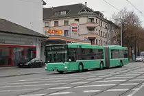 MAN Bus 758 im Einsatz als Tramersatz auf der Linie 3, die wegen einer Baustelle nicht nach Birsfelden verkehren kann. Hier fährt der Bus zur Haltestelle Breite. Die Aufnahme stammt vom 23.11.2018.