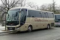 MAN Lion's Coach von ''Geißler -Reisen'', bei leichtem Schneefall in Berlin /Olympischer Platz im Januar 2019. (Grüne Woche, Messe)