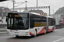 MAN Lions City 173 der RVBW, auf der Linie 1, fährt zur Haltestelle beim Bahnhof Baden. Die Aufnahme stammt vom 02.02.2019.