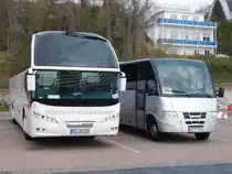 Neoplan Cityliner von Güstrow-Club-Reisen und Iveco Rapido Probus von Ahorn aus Deutschland im Stadthafen Sassnitz am 30.04.2016