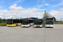 Drei Racktours MAN Lions und ein Mercedes Benz Citaro 2 G am 15.06.19 in Erlensee auf dem ehemaligen Fliegerhorst der US Army. Dort stehen viele Busse von RackTours und BRHVias Bus. Ich durfte durch Nachfrage eines Mitarbeiters Fotos machen