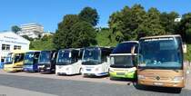 Scania Irizar von CentrumTurist und Setra 416 GT-HD von Ulmer und Mercedes Tourismo von Hauser und  VDL Futura von Eurobus und Twerenbold und Neoplan Starliner von Sommer AG und Mercedes Tourismo von Nies Reisen aus Deutschland, Dänemark und der Schweiz im Stadthafen Sassnitz am 08.08.2016