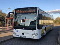 TF VG 243 steht  An der Haltestelle Bahnhof Jüterbog am 30. Oktober 2019 steht TF VG 243 der Verkehrsbetriebe Teltow-Fläming.