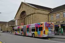 Nach dem der Mercedes Citaro 7026 nach einer heftigen Kollision nicht mehr eingesetzt werden kann, hat der Mercedes Citaro 7016 die Werbung für 100 Jahre Adullam-Stiftung übernommen. Hier steht der Bus am 11.11.2019 an der Endstation der Linie 30 am badischen Bahnhof.