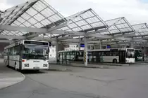 Bus Schwarzenberg / Bus Erzgebirge: Mercedes-Benz O 407 (ERZ-VB 678), Mercedes-Benz O 407 (ERZ-RV 681) sowie MAN EL (ASZ-BV 24) der RVE (Regionalverkehr Erzgebirge GmbH). Im Hintergrund: Setra S 315 UL vom Busbetrieb A. Sachs. Aufgenommen im Februar 2020 am Bahnhof von Schwarzenberg / Erzgebirge.