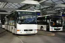 Bus Schwarzenberg / Bus Erzgebirge: MAN ÜL sowie MAN Lion's City Ü der RVE (Regionalverkehr Erzgebirge GmbH), aufgenommen im Februar 2020 am Bahnhof von Schwarzenberg / Erzgebirge.