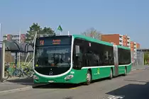 Wärend der Grossbaustelle zwischen Muttenz und Pratteln werden Busse als Tram Ersatz eingesetzt. Hier wartet der Mercedes Citaro 7034 auf der Linie 14 an der Endstation an der Rothausstrasse. Die Aufnahme stammt vom 28.02.2020.