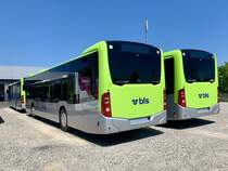 Heckansicht der neuen MB C2 hybrid (124 und 125) für die Busland AG am 18.5.20 bei Evobus Winterthur.