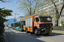 Am 09.04.2020 wird der Mercedes Citaro 7015 mit einem Defekt von einem Lastwagen des Störungsdienstes der BVB in die Garage Rankstrasse geschleppt.