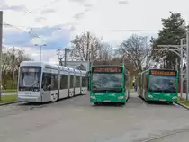 Graz. Wagen 135 und 168 stehen hier am 20.04.2021 in der Schleife Zentralfriedhof.