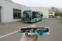Mdoell trifft Original. Hier zu sehen das 1:87 Modell des Mercedes Benz eCitaro des Stadtverkehr Maintal und das Original am 30.04.21. Ein Mitarbeiter hat es mir erlaubt die Fotos auf den Betriebshof zu machen