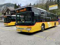 PostAuto Setra 415 NF Nr. 8 '5682'  BE 643 926  und Nr. 6 '5155'  BE 26631  vom PU Flück Reisen, Brienz am 10.5.21 beim Bahnhof Brünig-Hasliberg.