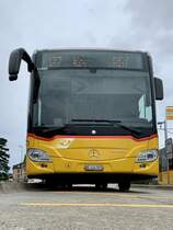 Frontansicht des MB C2 hybrid '11460' von PostAuto Regie Laupen am 3.8.21 beim Bahnhof Düdingen.