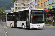 MAN Lions City von Funicar verlässt als Dienstfahrt den Bahnhofplatz in Biel. Die Aufnahme stammt vom 25.09.2021.