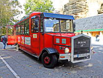 Die Einstiegsseite eines  Historischer  MAN zu sehen an der Haltestelle der Festung Königsstein am 17. Oktober 2021.