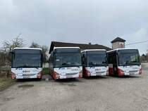 4 Ivecos von Postbus im OÖVV-Kleid, abgestellt in Gaspoltshofen (OÖ), April 2022